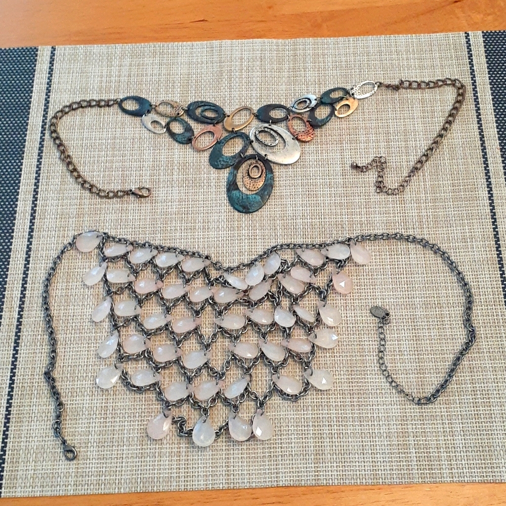 2 Fashion Necklaces Green Copper Pink Beaded